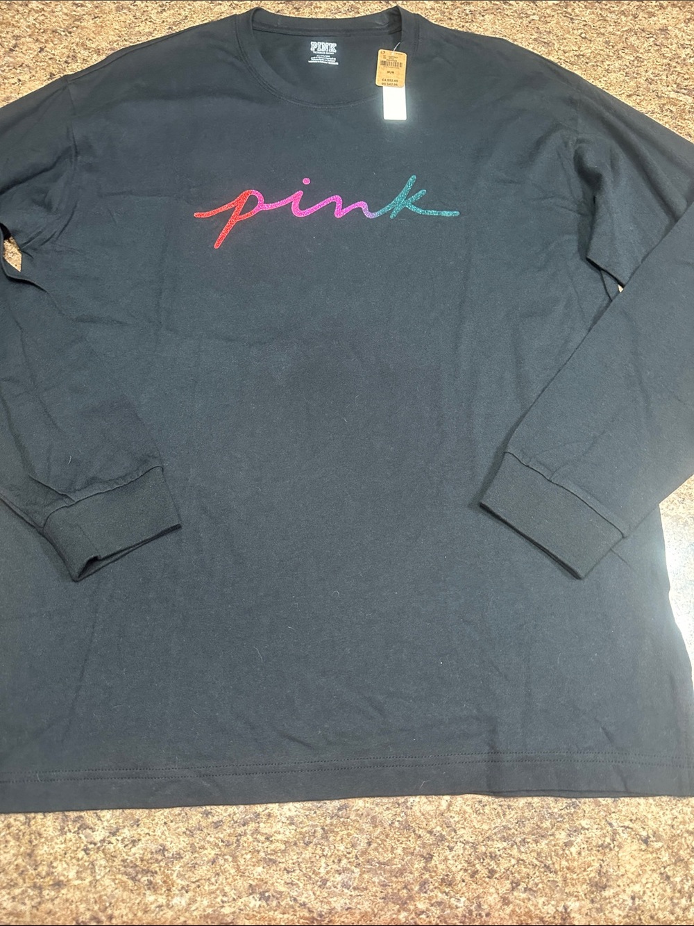 NWT PINK Victoria Secret Black Long Sleeve Campus Tee Tshirt Medium